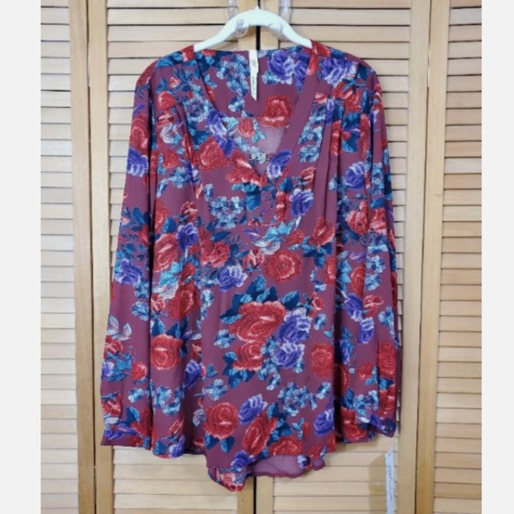 NY Collection Floral Print Pintuck Tunic Blouse L